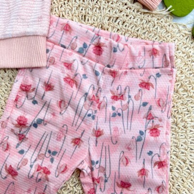  Conj. Casaco Gola Gripyr e Calça Legging Floral - Rosa e Pêssego 